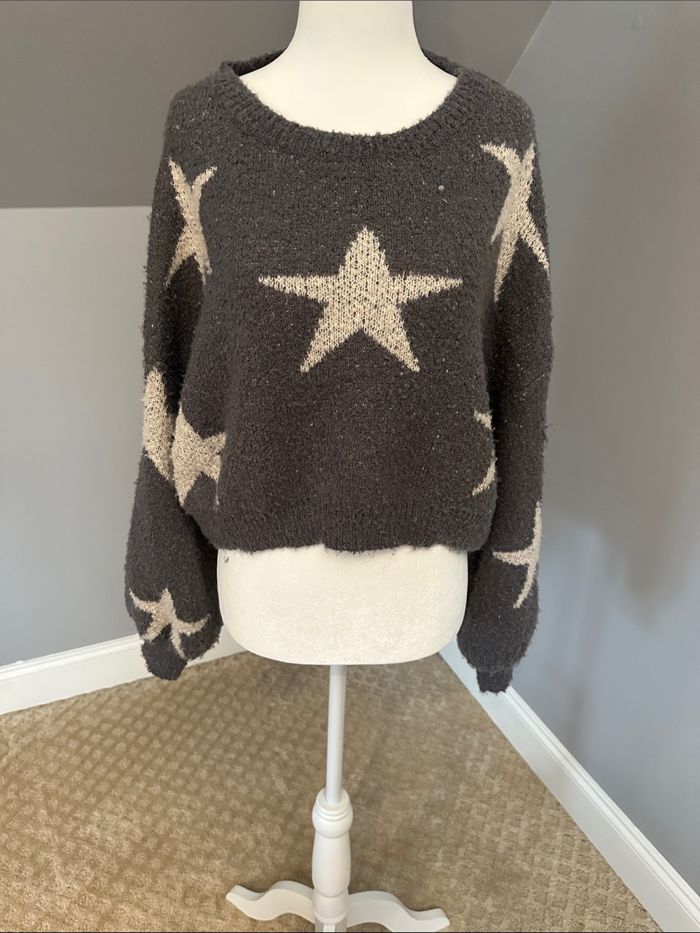 Altar'd State Black Crewneck Sweater with Cream Star Motif